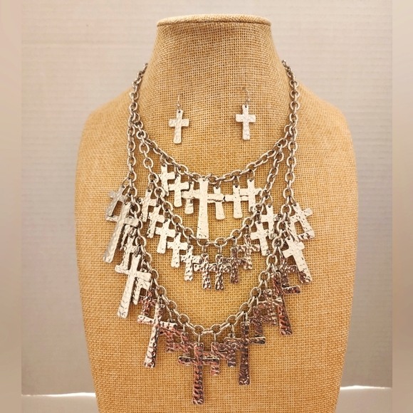 Treska Silver Cross Multi-Layer Statement Matching Necklace and Earrings - Picture 1 of 4